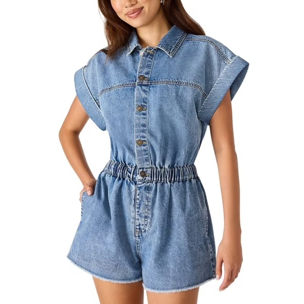 Steve Madden Womens Denim Romper Medium Wash Blue Cotton L NWT